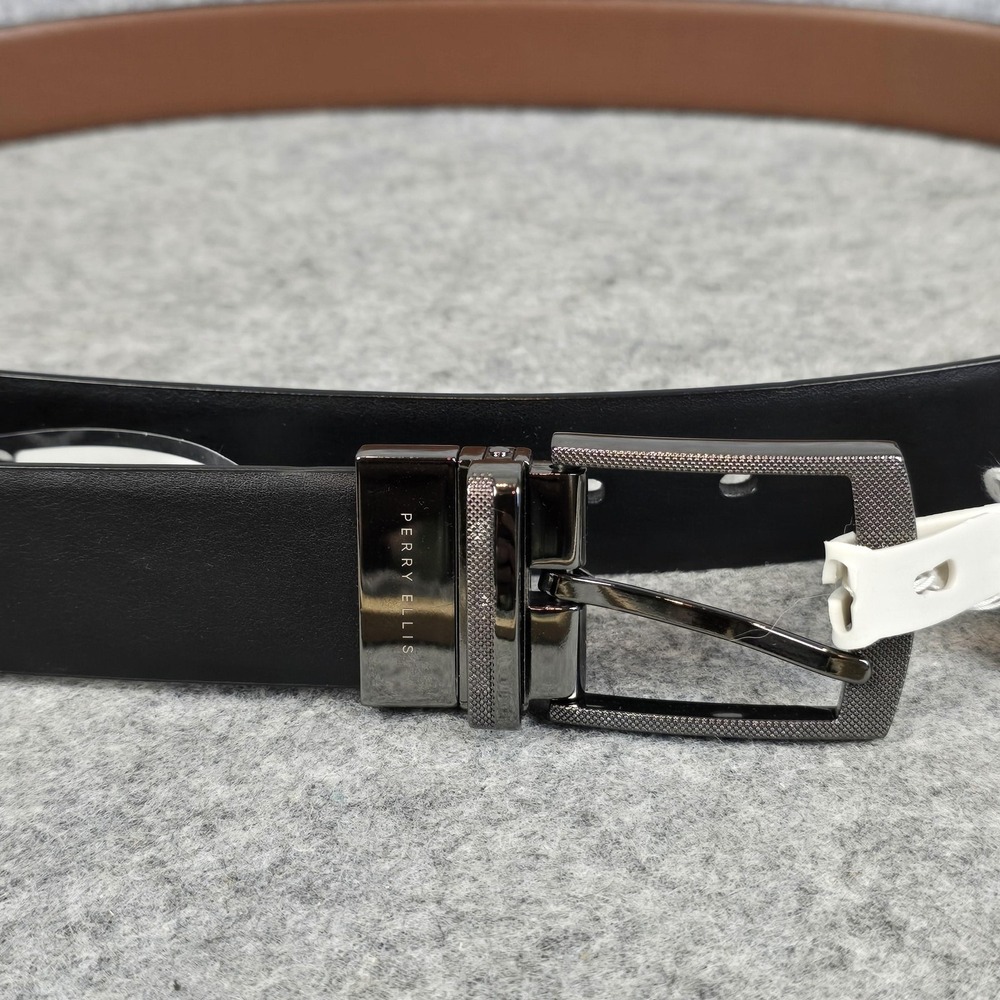 Perry Ellis Belt Mens 44 Black Brown Reversible Faux Leather Dress Buckle